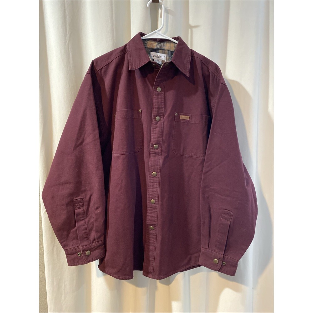 Carhartt Jacket Men's Medium Burgundy Red  Long Sleeve 100% Cotton Snap Lined